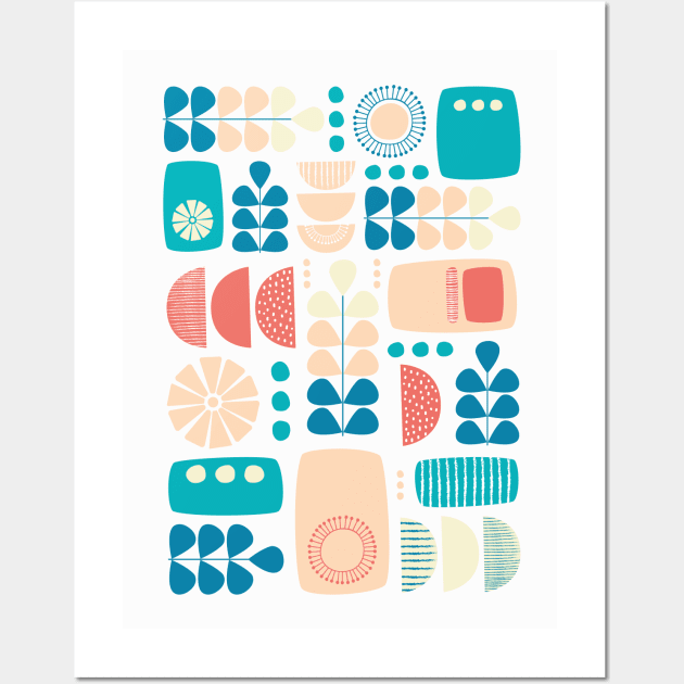 Retro Mid Century Modern in Celadon Blue, Teal, Yellow and Orange Wall Art by tramasdesign